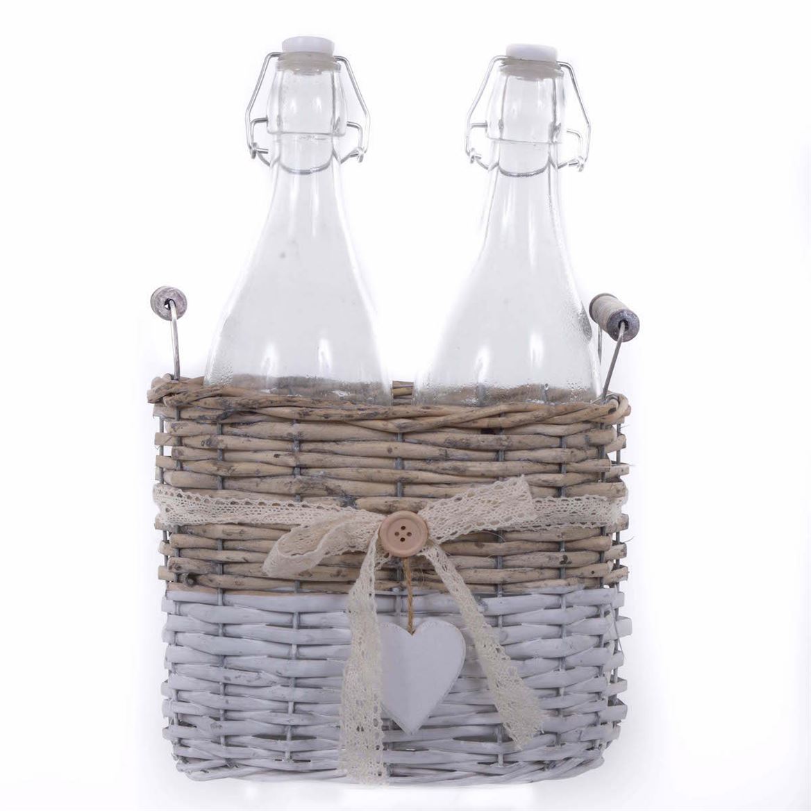 Wedd. Bottiglie Nel Cesto 33cm Con Cuore