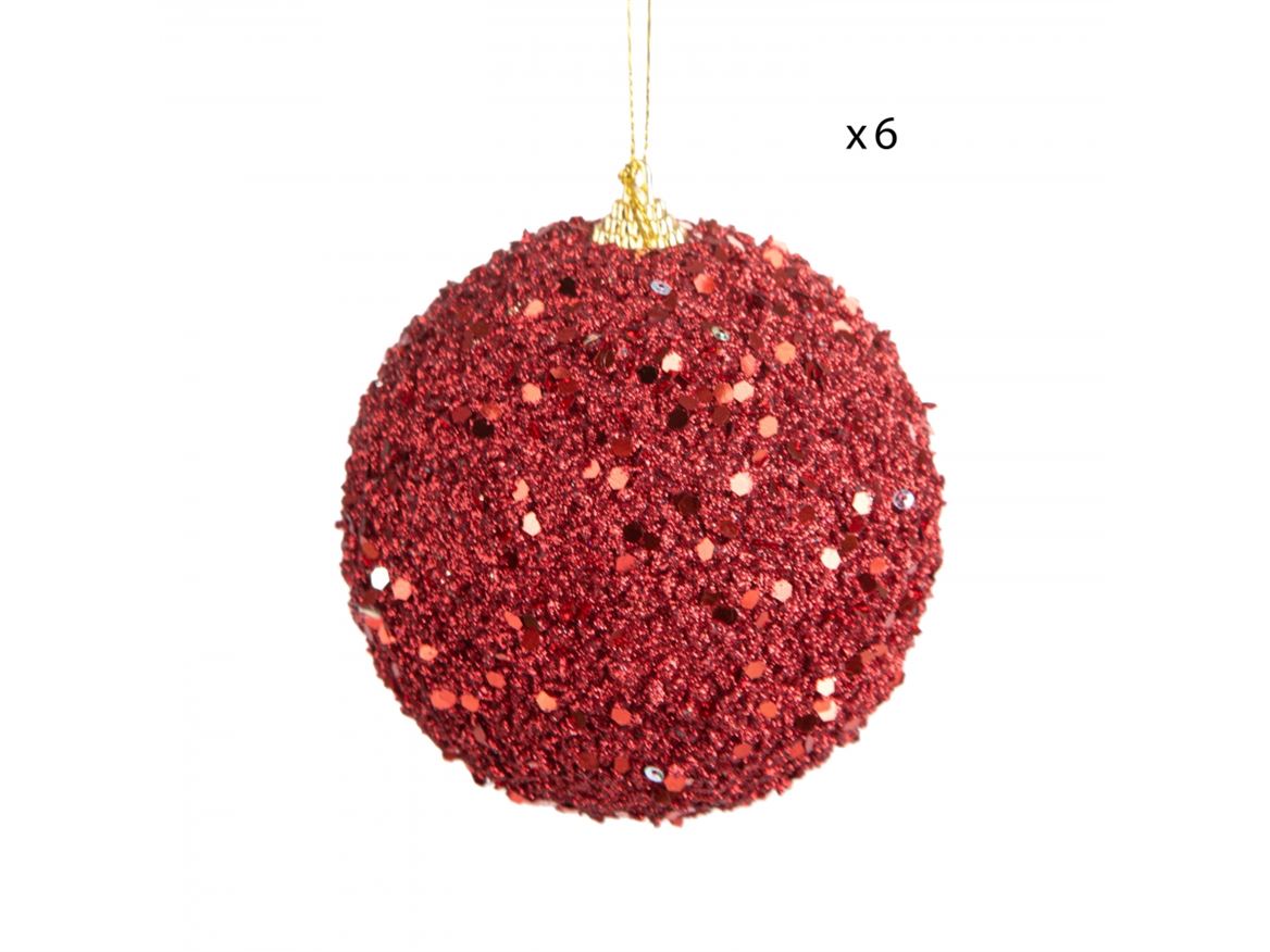 Xmas. Box 6 Sfere D.10 Cm Paillettes - Red