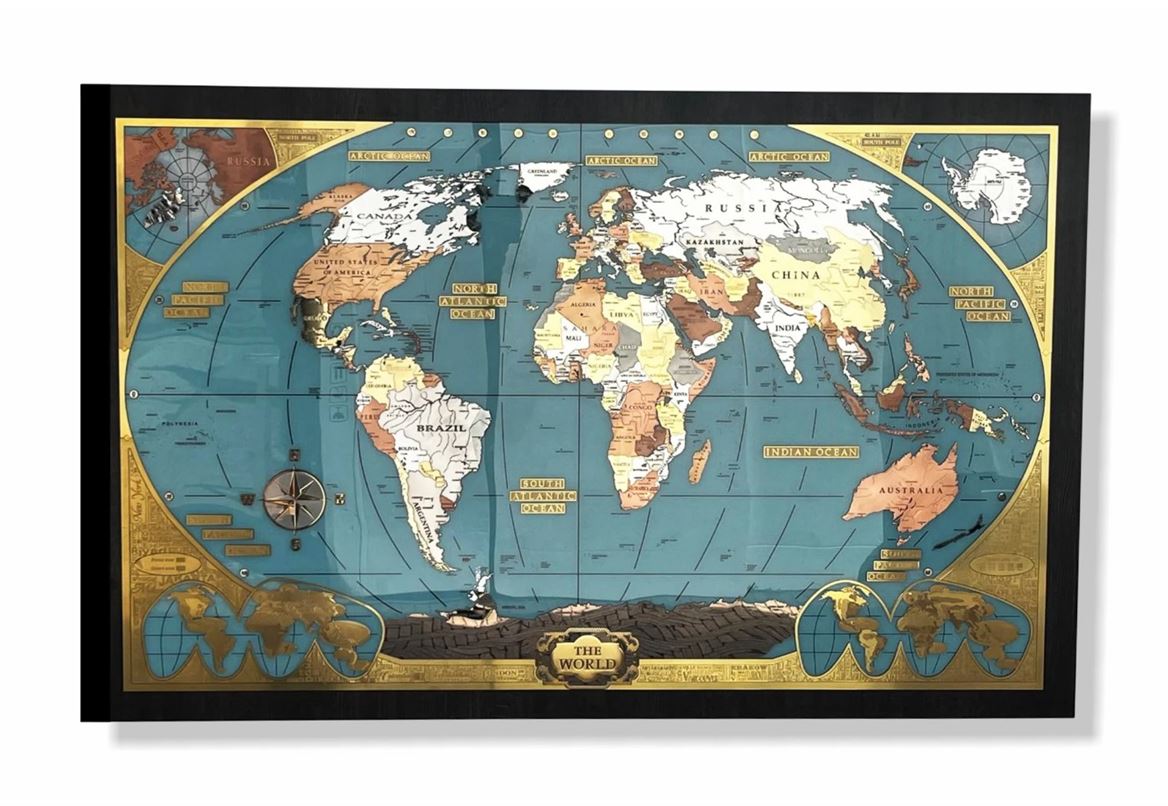 Pann.art. Mappamondo Metallo E Oro24k-196x126x4cm