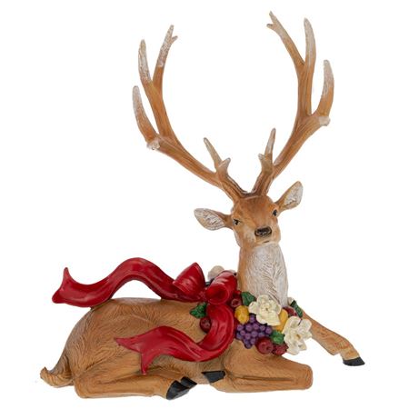 Xmas. Renna In Resina Seduta Con Fiocchi 22x12x23c
